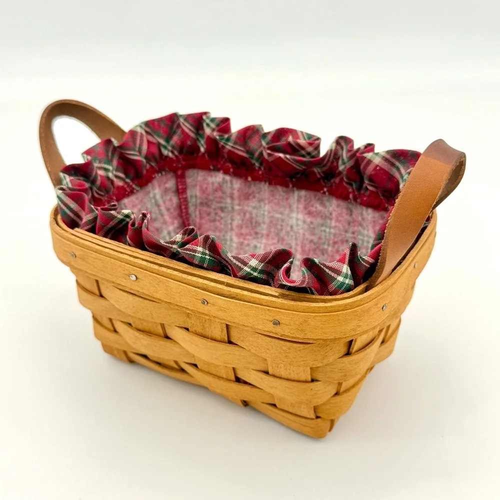 Longaberger 1994 Small Rectangular Basket w/ Leather Handles, Plaid Ruffled Line